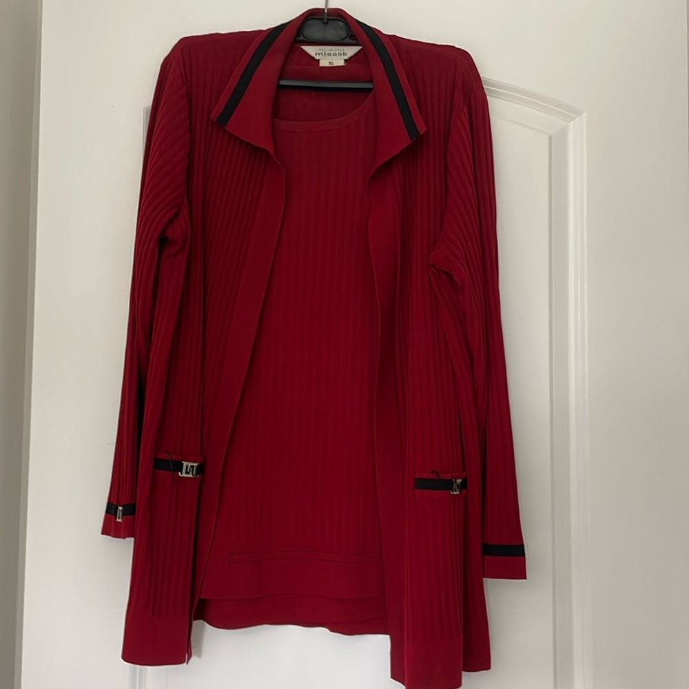 Misook red and black cardigan sweater with matching tank top